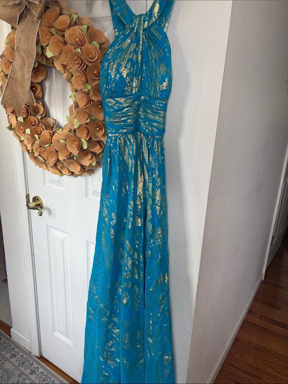 AIDAN MATTOX Dress Maxi Formal Gown Silk Wedding Blue Gold long